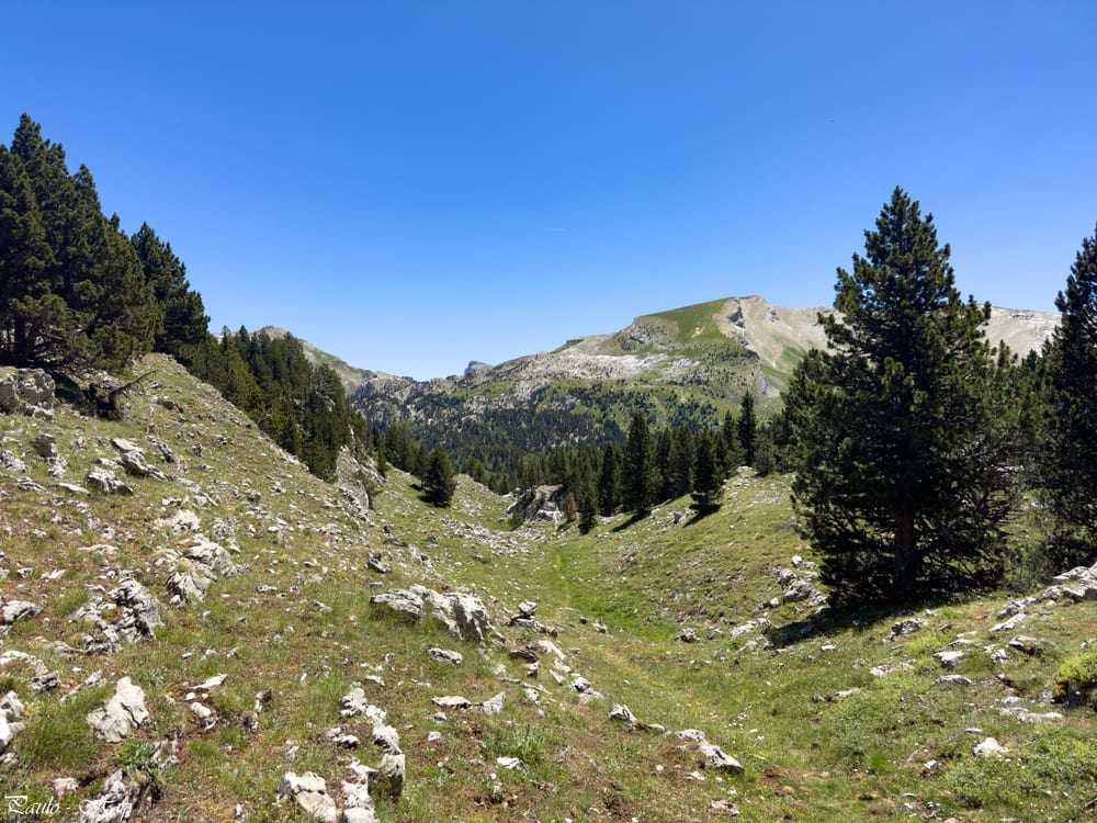 Au Collado de Larreria, première vue sur le sommet effondré de la  Paquiza Linzola
